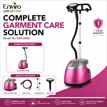 Enviro Garment Steamer, 2000W Powerful Steam, 40g/min Steam Flow, 2.5L Removable Water Tank, 35–45 Sec Fast Heat-Up, 10 Steam Levels, Adjustable Pole, Premium Pink EGS-2520