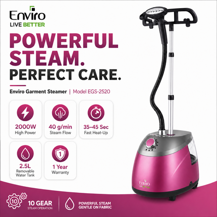 Enviro Garment Steamer, 2000W Powerful Steam, 40g/min Steam Flow, 2.5L Removable Water Tank, 35–45 Sec Fast Heat-Up, 10 Steam Levels, Adjustable Pole, Premium Pink EGS-2520
