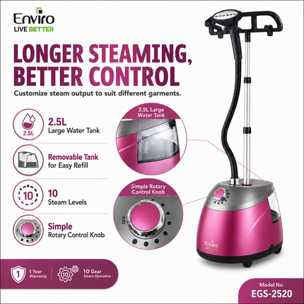 Enviro Garment Steamer, 2000W Powerful Steam, 40g/min Steam Flow, 2.5L Removable Water Tank, 35–45 Sec Fast Heat-Up, 10 Steam Levels, Adjustable Pole, Premium Pink EGS-2520