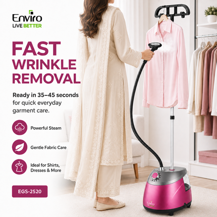 Enviro Garment Steamer, 2000W Powerful Steam, 40g/min Steam Flow, 2.5L Removable Water Tank, 35–45 Sec Fast Heat-Up, 10 Steam Levels, Adjustable Pole, Premium Pink EGS-2520