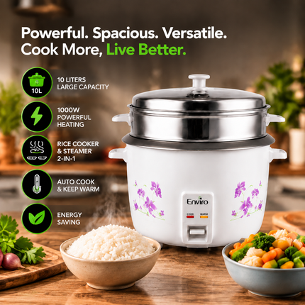 Enviro Rice Cooker & Steamer | 10 Liter Capacity | 1000W Electric Rice Cooker with Keep Warm Function | Stainless Steel Lid | Food Steamer | ERCS-1010M