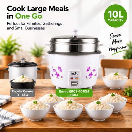 Enviro Rice Cooker & Steamer | 10 Liter Capacity | 1000W Electric Rice Cooker with Keep Warm Function | Stainless Steel Lid | Food Steamer | ERCS-1010M