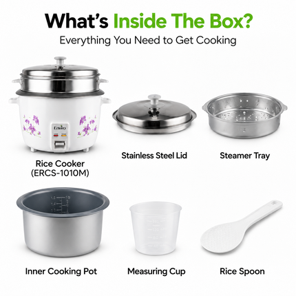 Enviro Rice Cooker & Steamer | 10 Liter Capacity | 1000W Electric Rice Cooker with Keep Warm Function | Stainless Steel Lid | Food Steamer | ERCS-1010M
