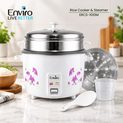 Enviro Rice Cooker & Steamer | 10 Liter Capacity | 1000W Electric Rice Cooker with Keep Warm Function | Stainless Steel Lid | Food Steamer | ERCS-1010M